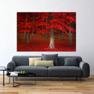 Πίνακας σε καμβά ορθογώνιος "Κόκκινα δέντρα στο δάσος τον χειμώνα"