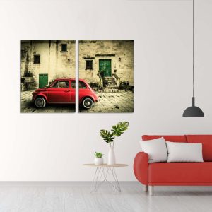 Πίνακας σε καμβά, Old vintage italian scene. Small antique red car. Fiat 500