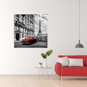 Πίνακας σε καμβά, Eiffel Tower Decor Black and White Wall Art Vintage Red Car