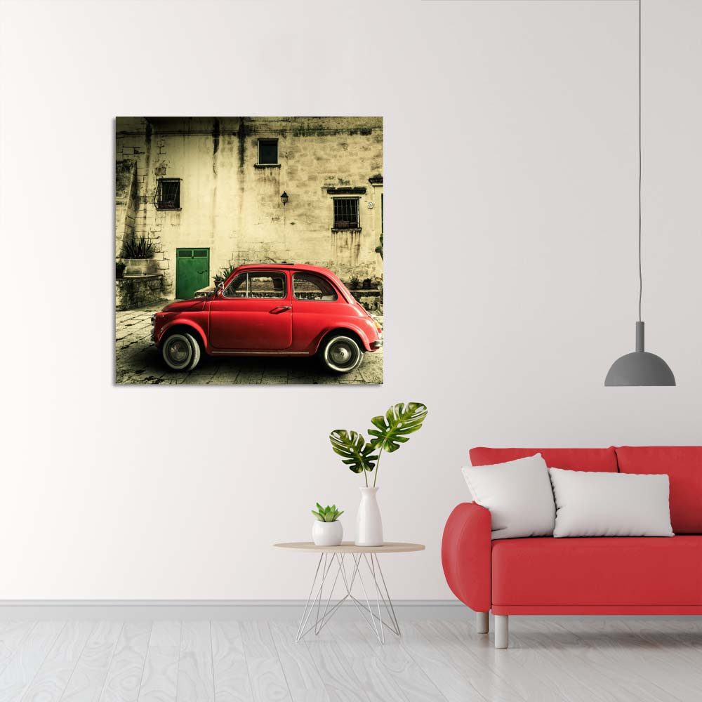Πίνακας σε καμβά, Old vintage italian scene. Small antique red car. Fiat 500