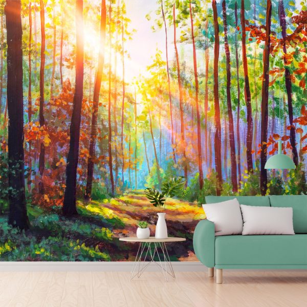 Αυτοκόλλητη Ταπετσαρία, Oil painting sunny Autumn forest.