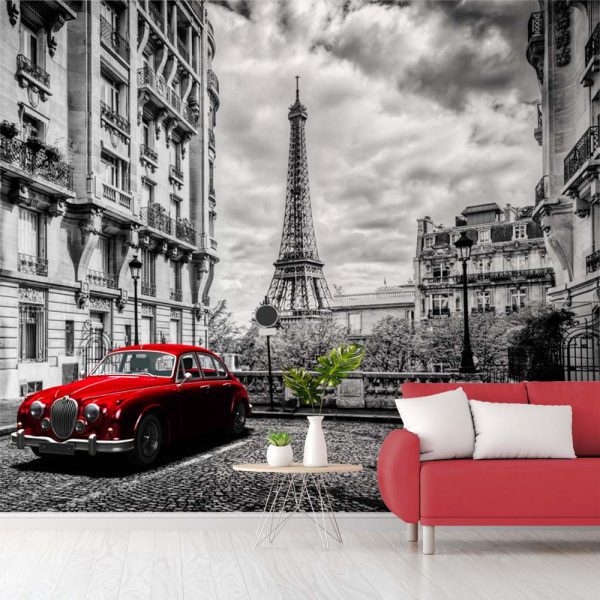 Αυτοκόλλητη Ταπετσαρία, Eiffel Tower Decor Black and White Wall Art Vintage Red Car