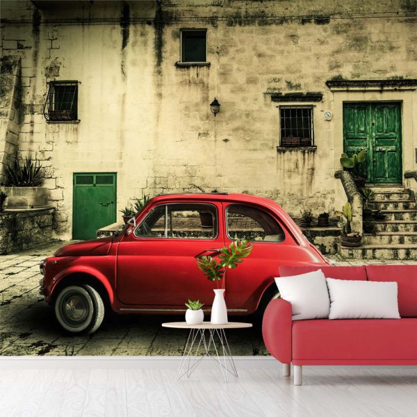 Αυτοκόλλητη Ταπετσαρία, Old vintage italian scene. Small antique red car. Fiat 500